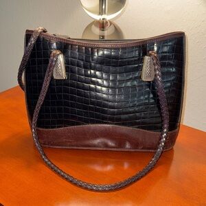 Brighton Vintage Leather Black& Brown Croc-Embossed Shoulder Bag Braided handle